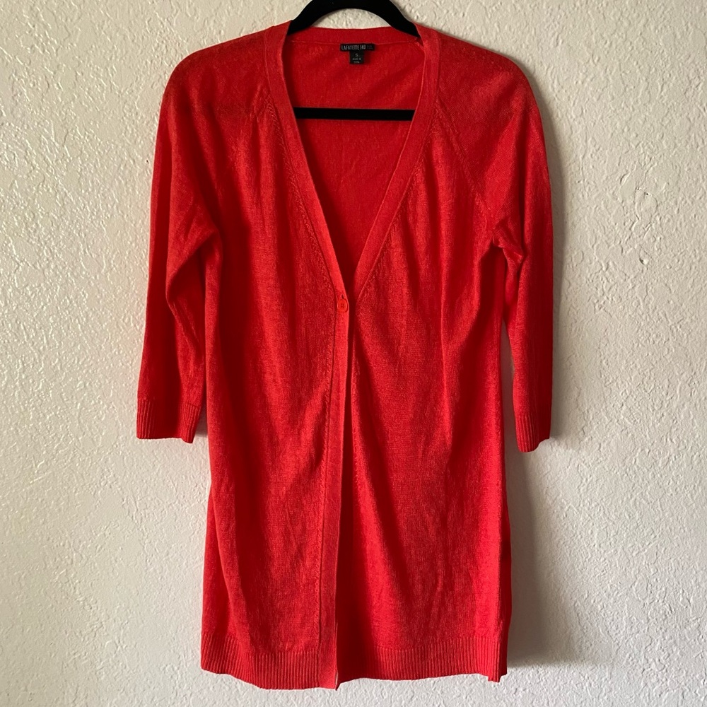 Lafayette 148 New York Vibrant Linen Cardigan Size S Orange Red Quiet Luxury